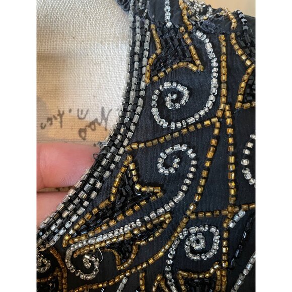 Valarie Stevens Evening black Gold & Silver Beaded Silk Cardigan Vintage 22 - Picture 2 of 15
